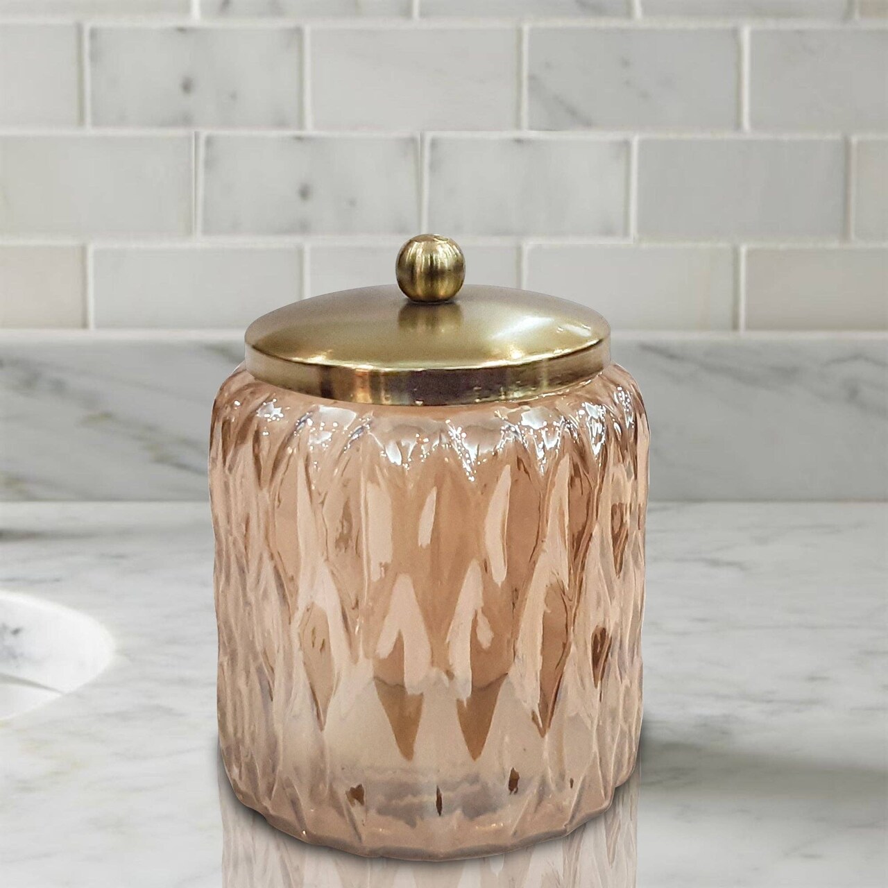 Glacier Amber Vanity Jar | Elegant Storage for Cotton Swabs, Sponges, Bath Salts | Decorative Amber Glass Canister for Bathroom